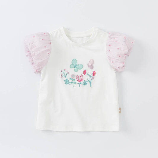 Butterfly White Tee with Puff Sleeves