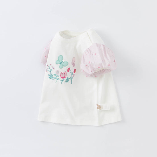 Butterfly White Tee with Puff Sleeves