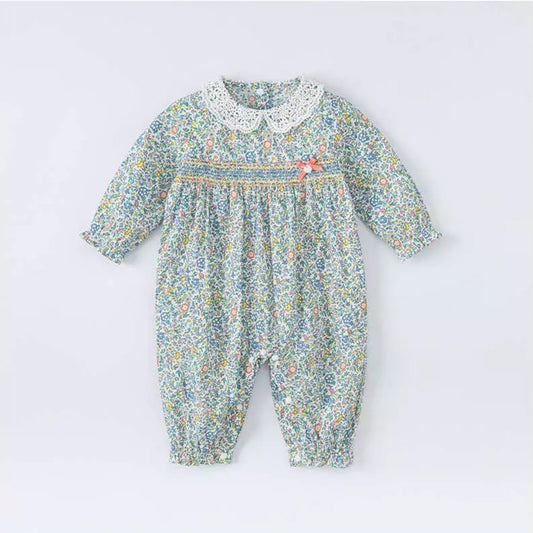 Emerald Poppy Floral Long Sleeve One-Piece Romper