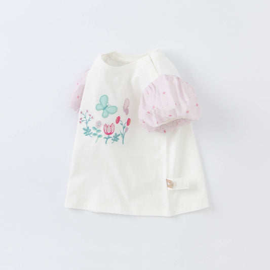 Butterfly White Tee with Puff Sleeves
